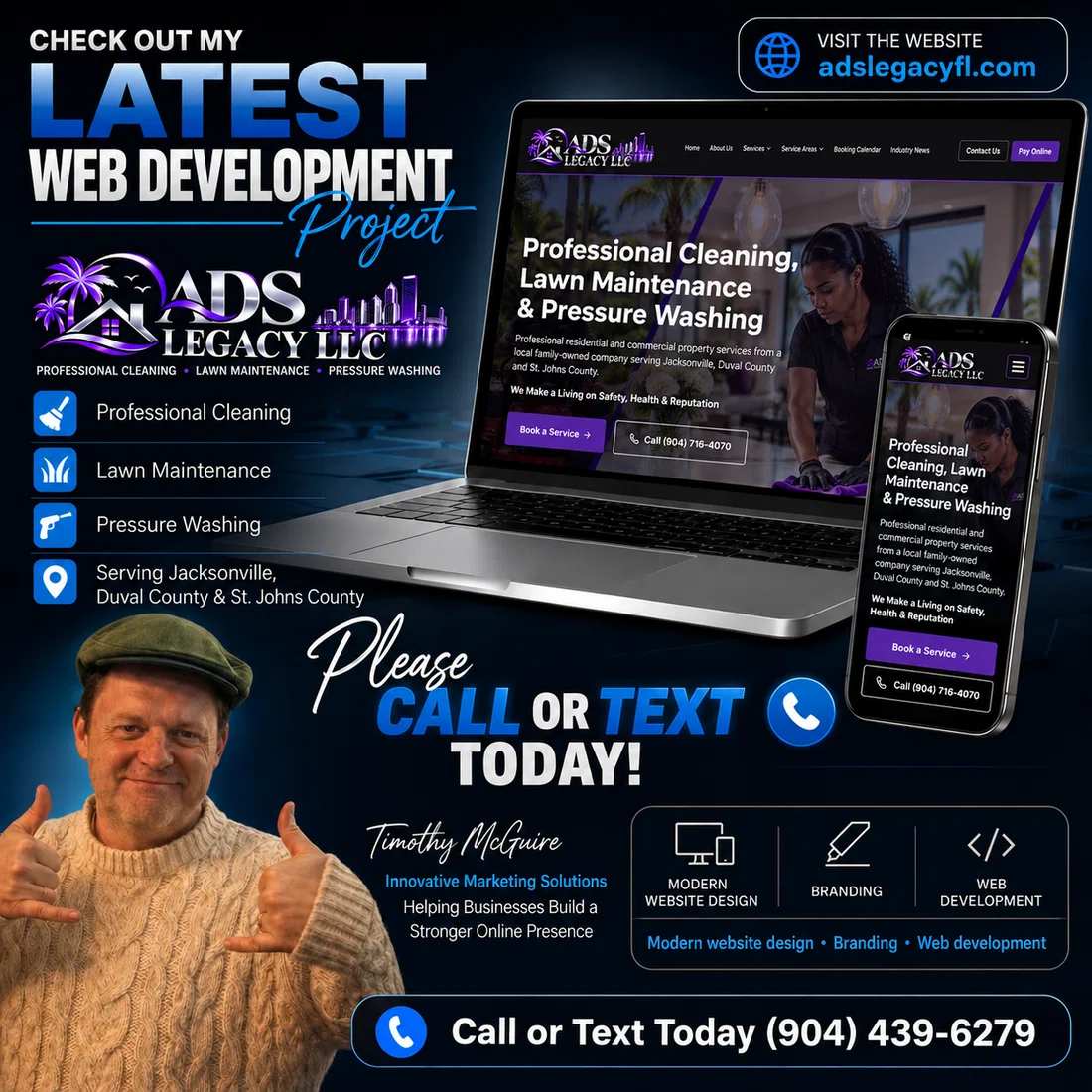 Website launch campaign for ADS Legacy LLC featuring cleaning, lawn maintenance and pressure washing services.