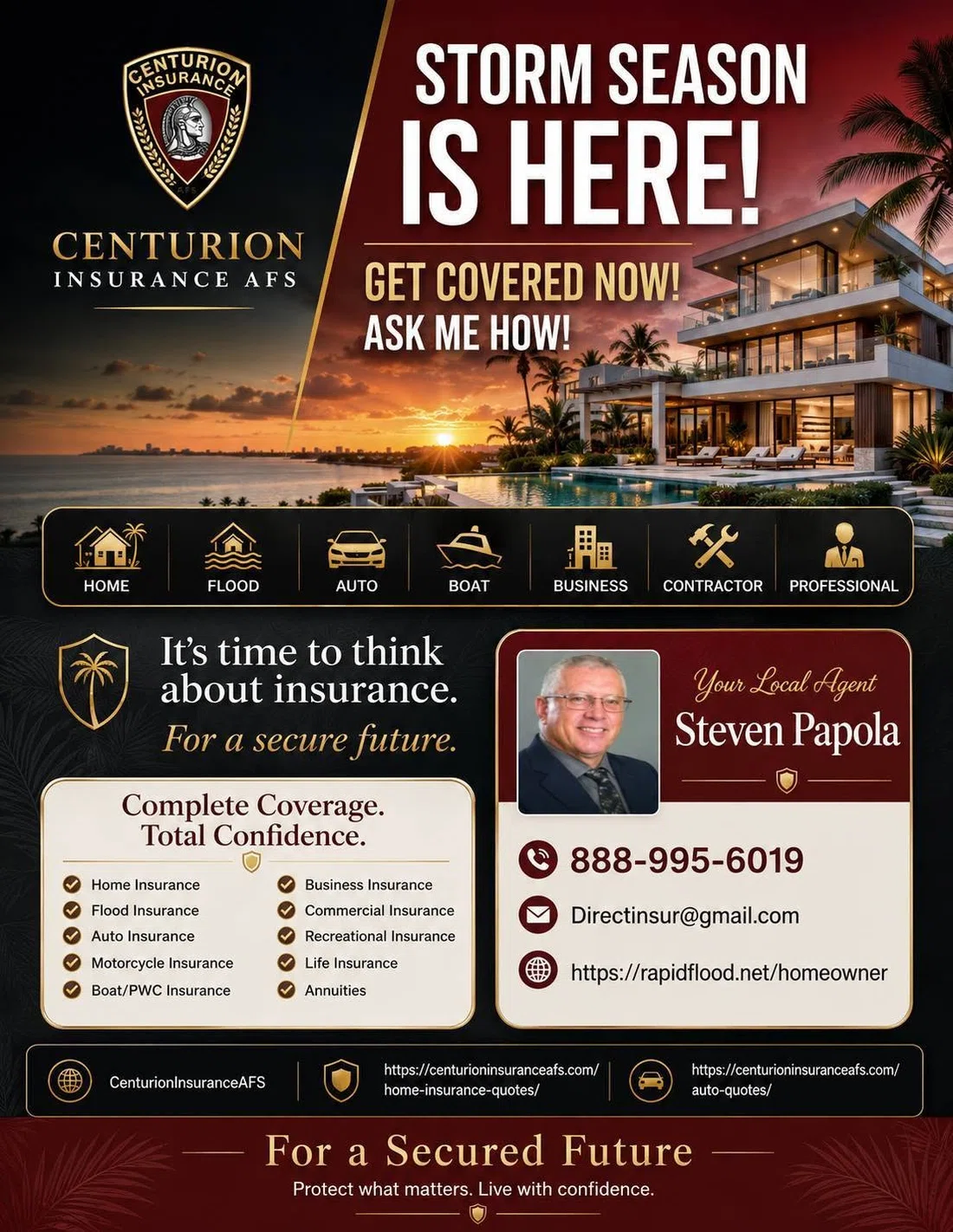 Centurion Insurance storm season campaign featuring local agent contact information and insurance categories.