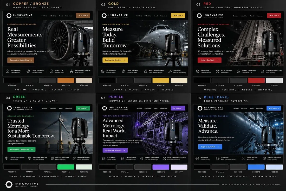 Creative direction board comparing six premium color systems for Innovative Measurement Solutions website and campaign design.