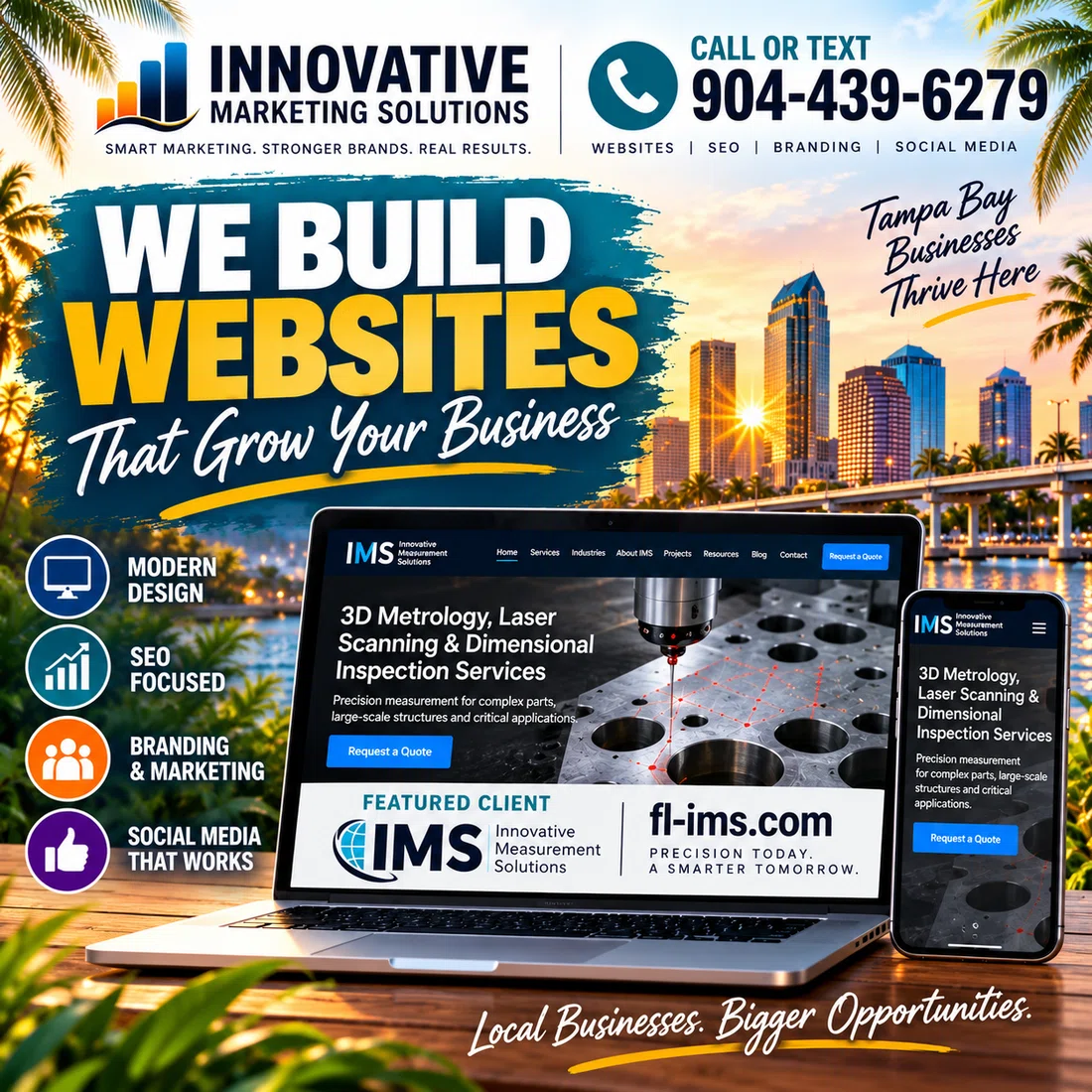 Innovative Marketing Solutions promotional design featuring a technical website project on laptop and mobile devices.