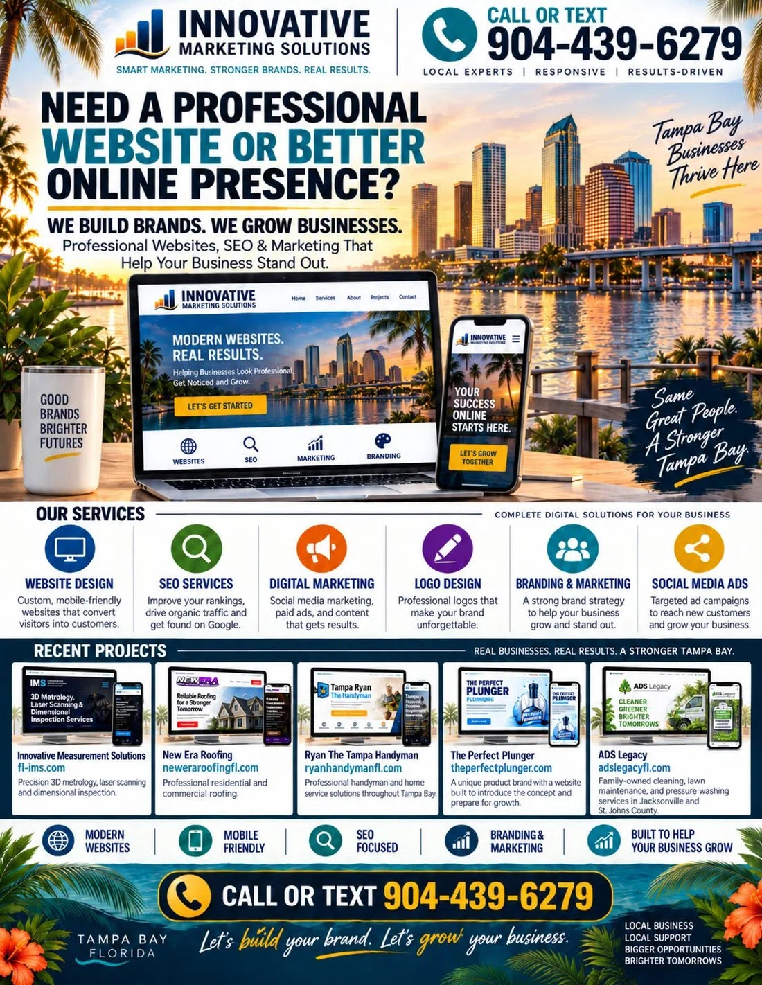 Innovative Marketing Solutions campaign showing website, SEO, branding, social media and recent project services.