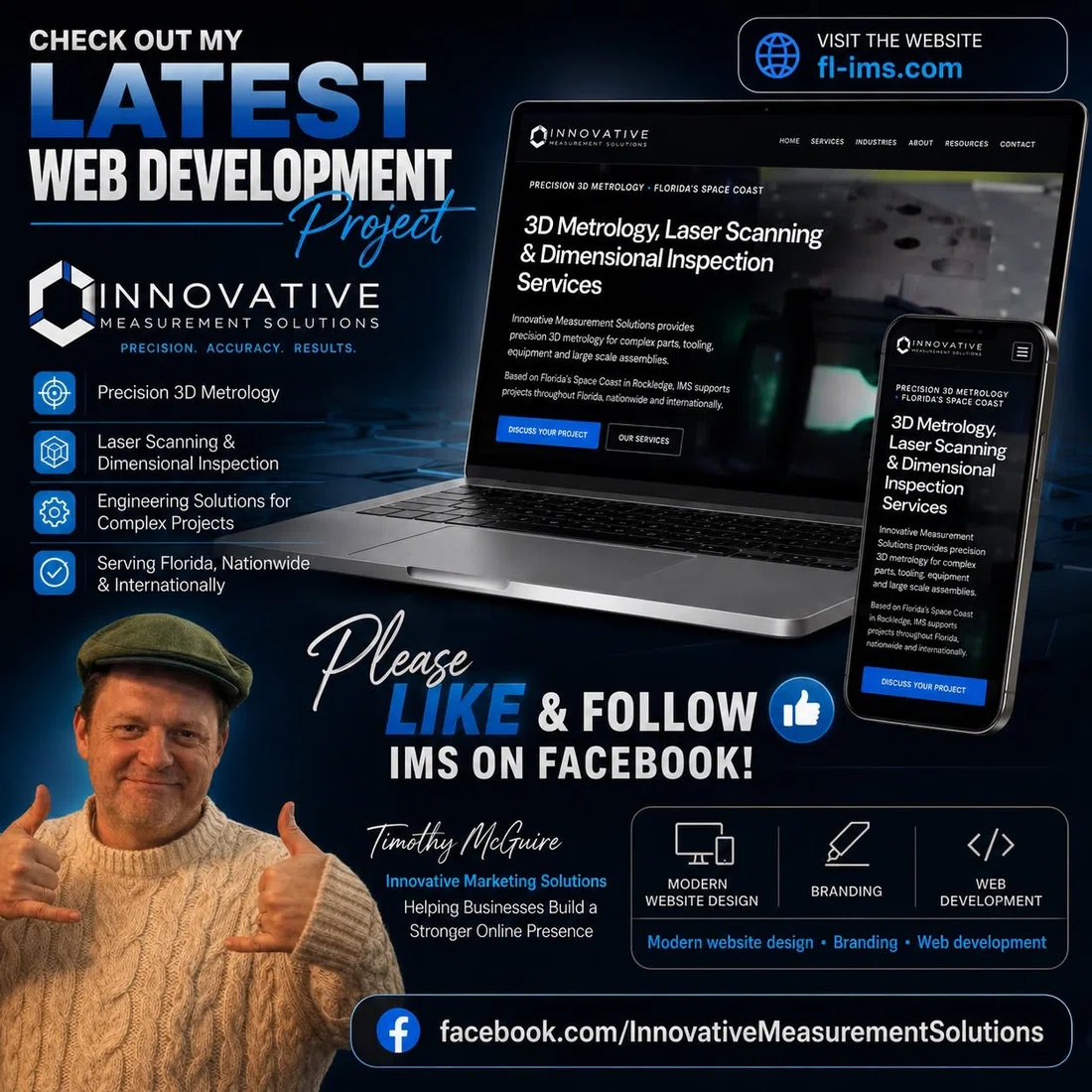 Website launch campaign for Innovative Measurement Solutions with laptop and mobile previews.
