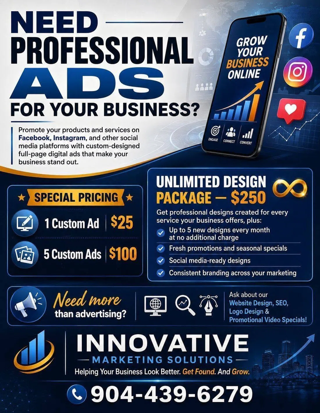 Innovative Marketing Solutions advertisement for professional full-page social media ad design.