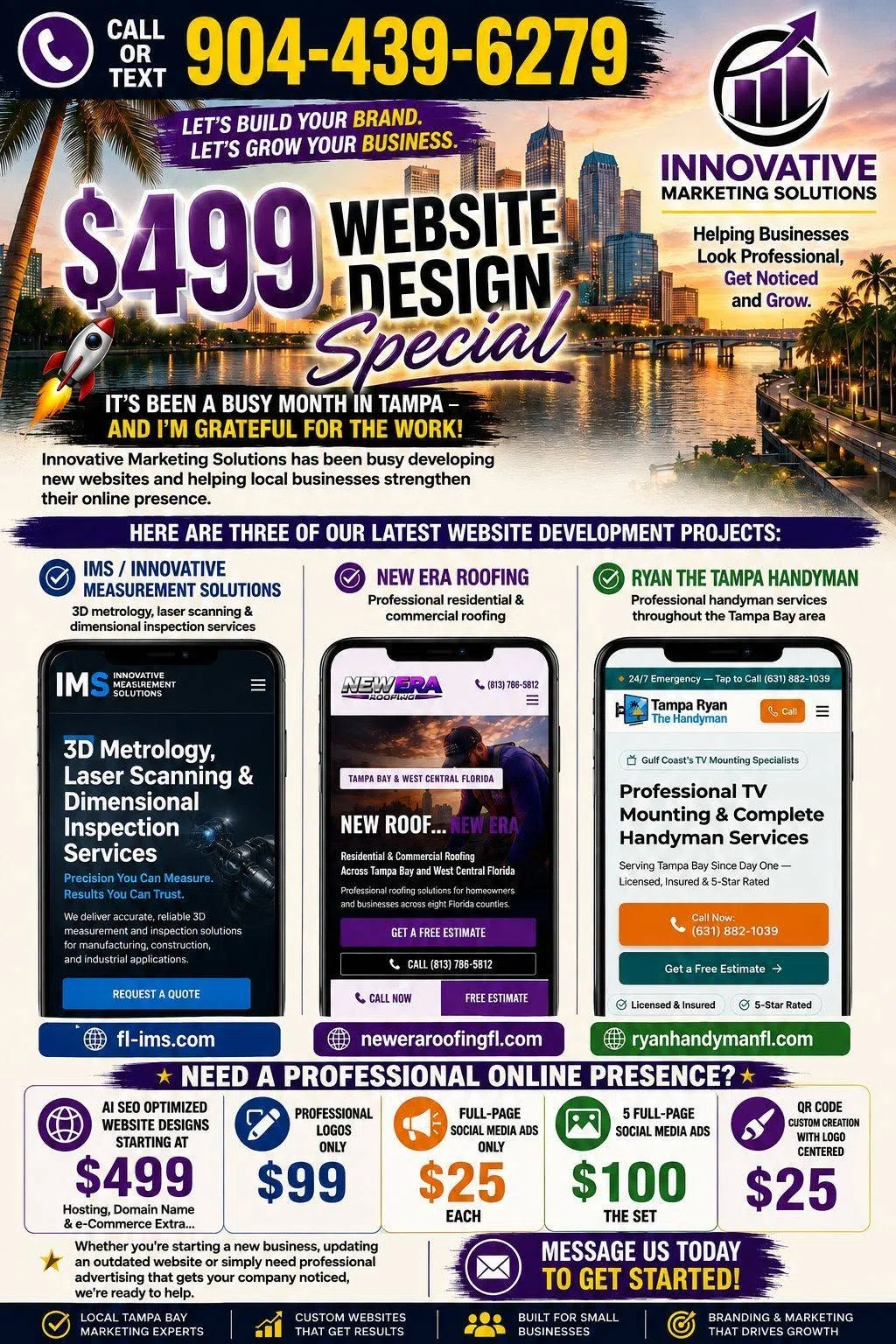Innovative Marketing Solutions website design campaign featuring recent website projects and service pricing.
