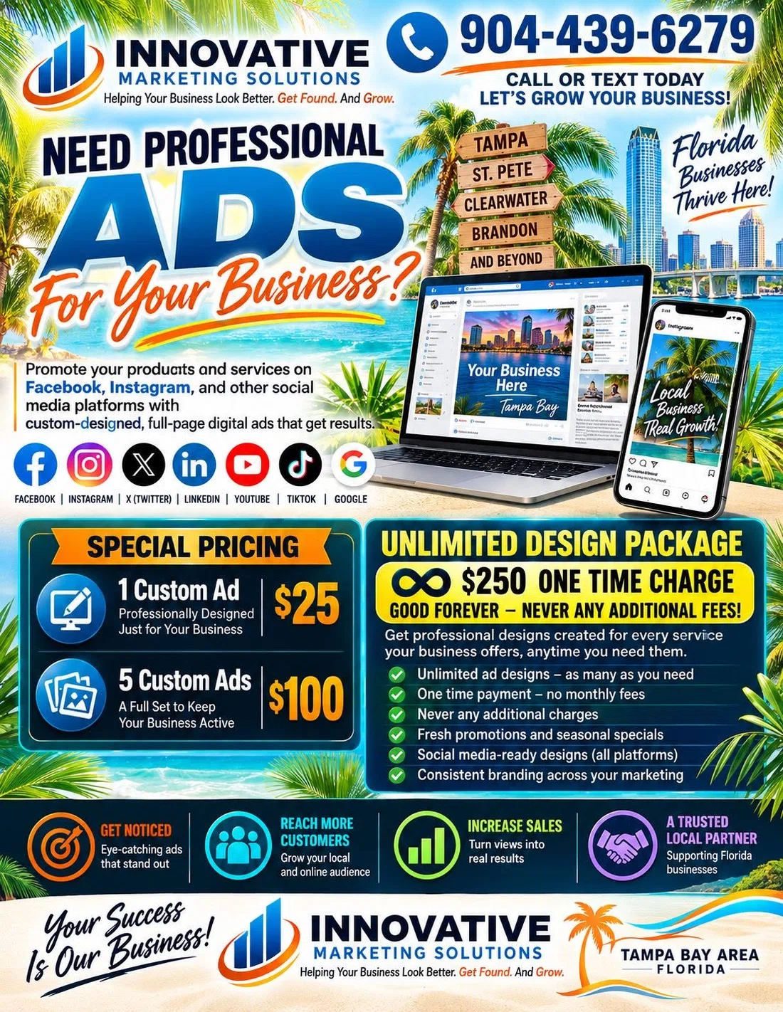 Innovative Marketing Solutions full-page campaign promoting custom social media advertising packages.