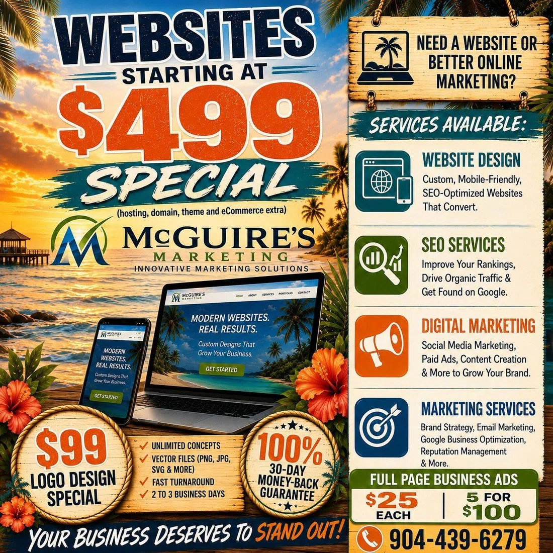 Tropical Innovative Marketing Solutions advertisement promoting website design, SEO and marketing services.