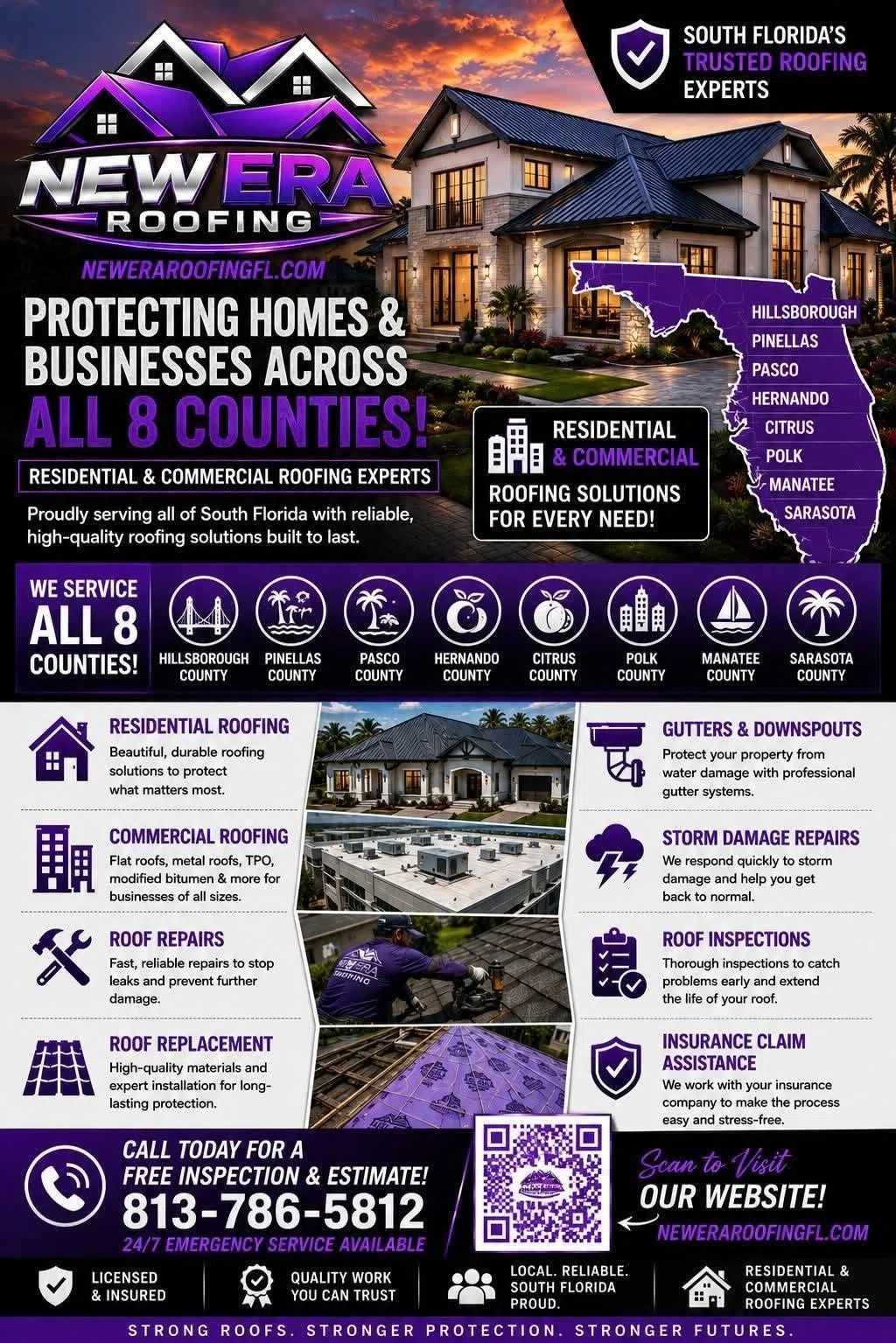 New Era Roofing service area campaign highlighting eight Florida counties.