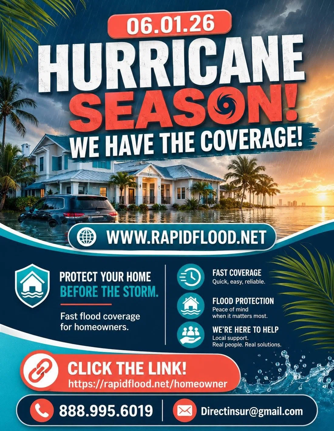 Rapid Flood hurricane season campaign promoting fast flood coverage for homeowners.