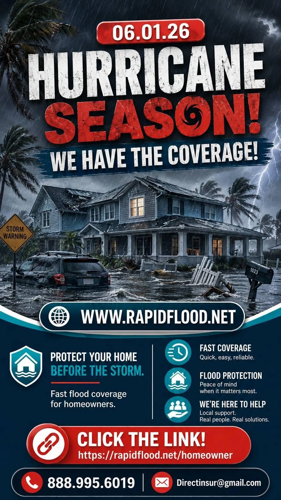 Hurricane season flood insurance campaign showing severe storm damage and homeowner protection.