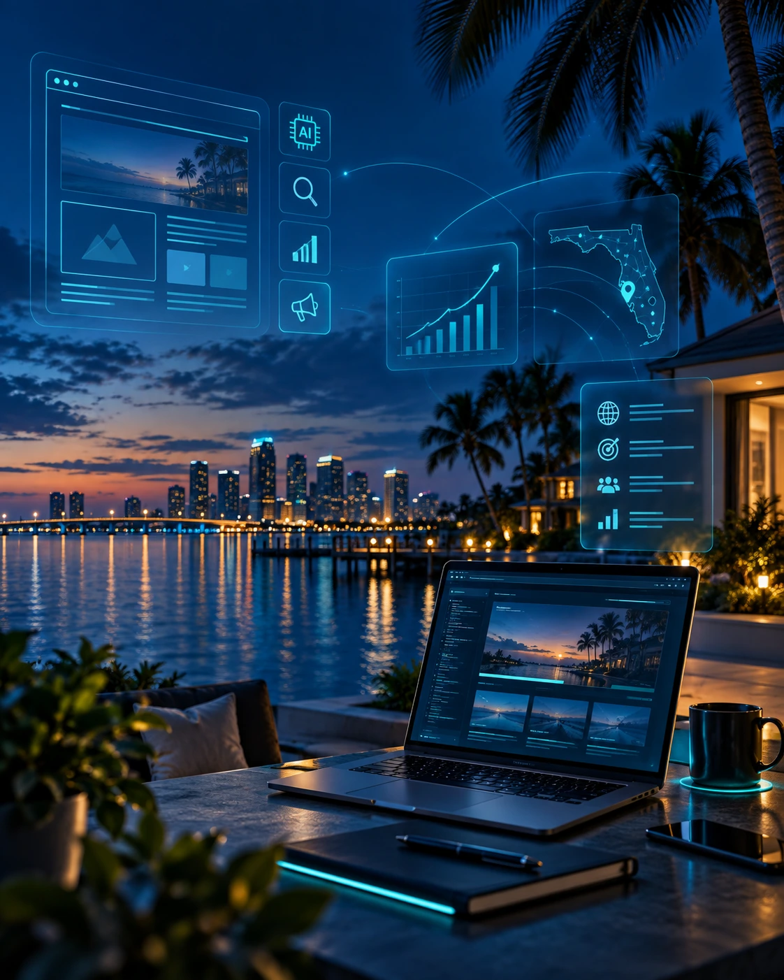 Innovative Marketing Solutions digital strategy workspace with Tampa Bay coastal technology visuals