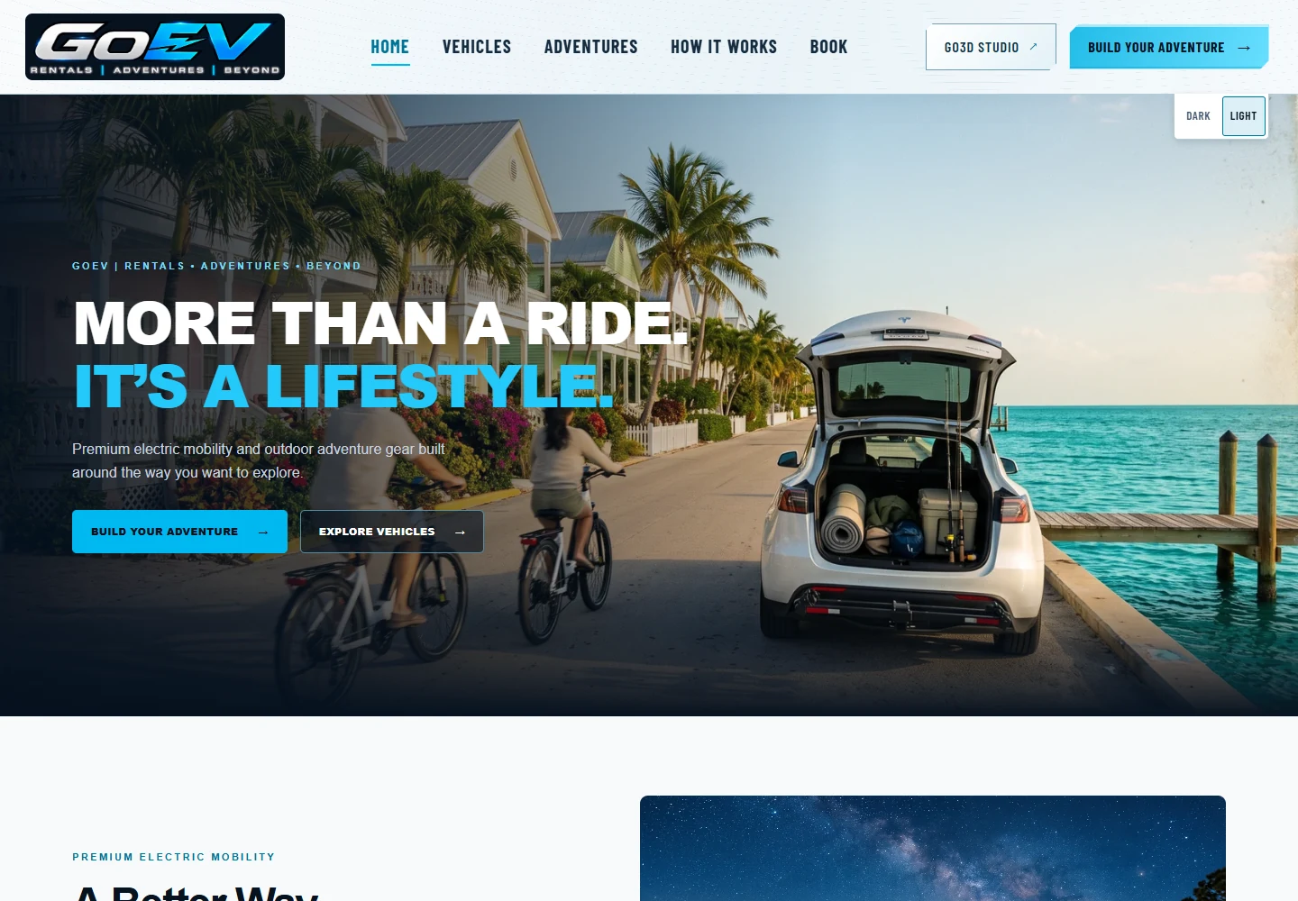 GO3D EV live desktop homepage with electric mobility and outdoor adventures