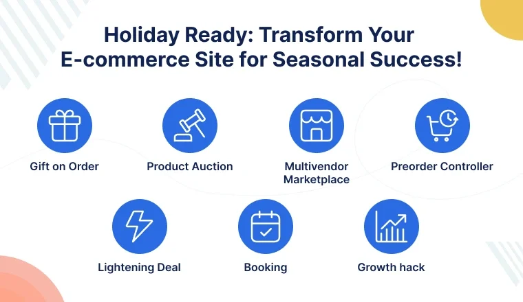 Holiday e-commerce graphic showing gift, auction, marketplace, preorder, deal, booking and growth icons