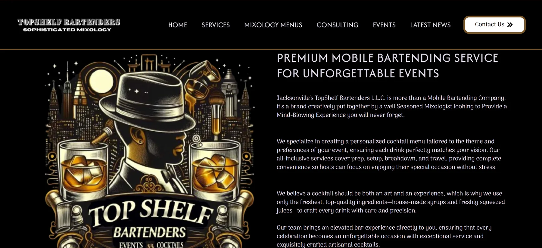 Top Shelf Bartenders website homepage